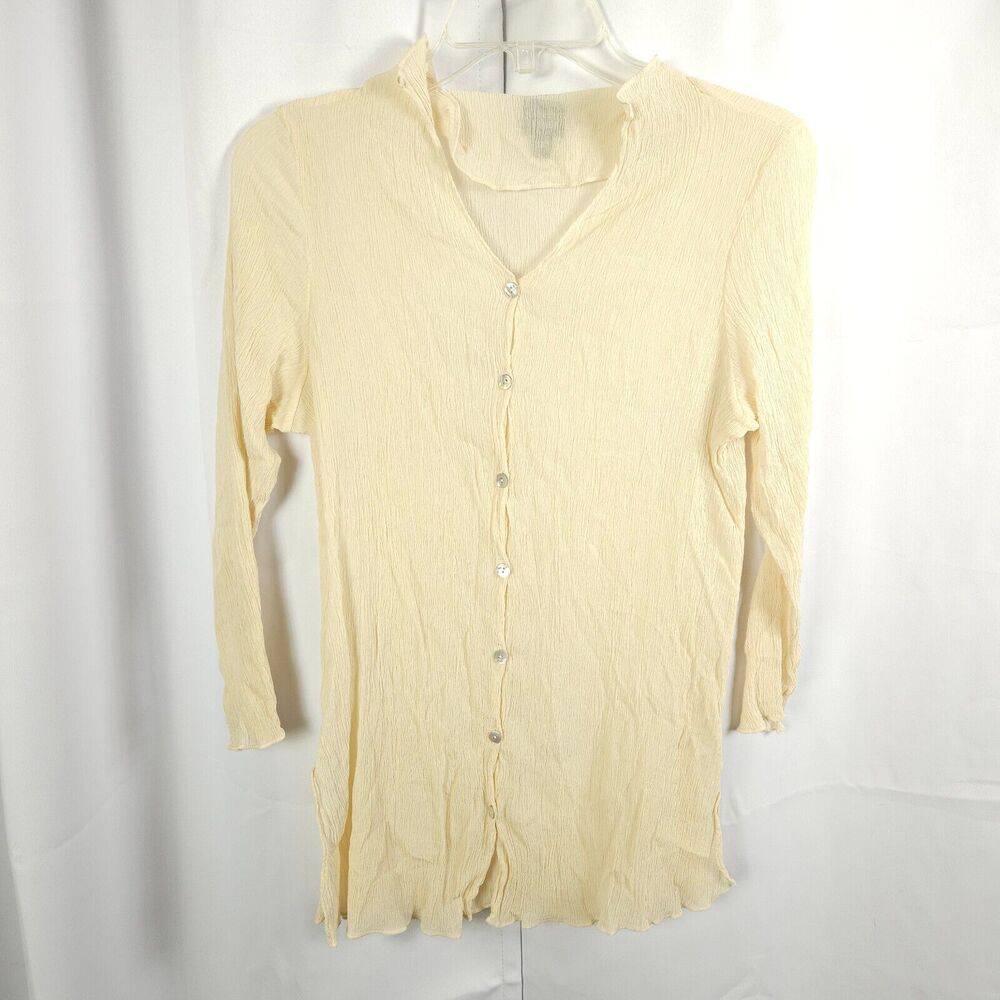 Eileen Fisher Cream Silk V-Neck Button-Down Blouse Women's Large (Runs Small)‎